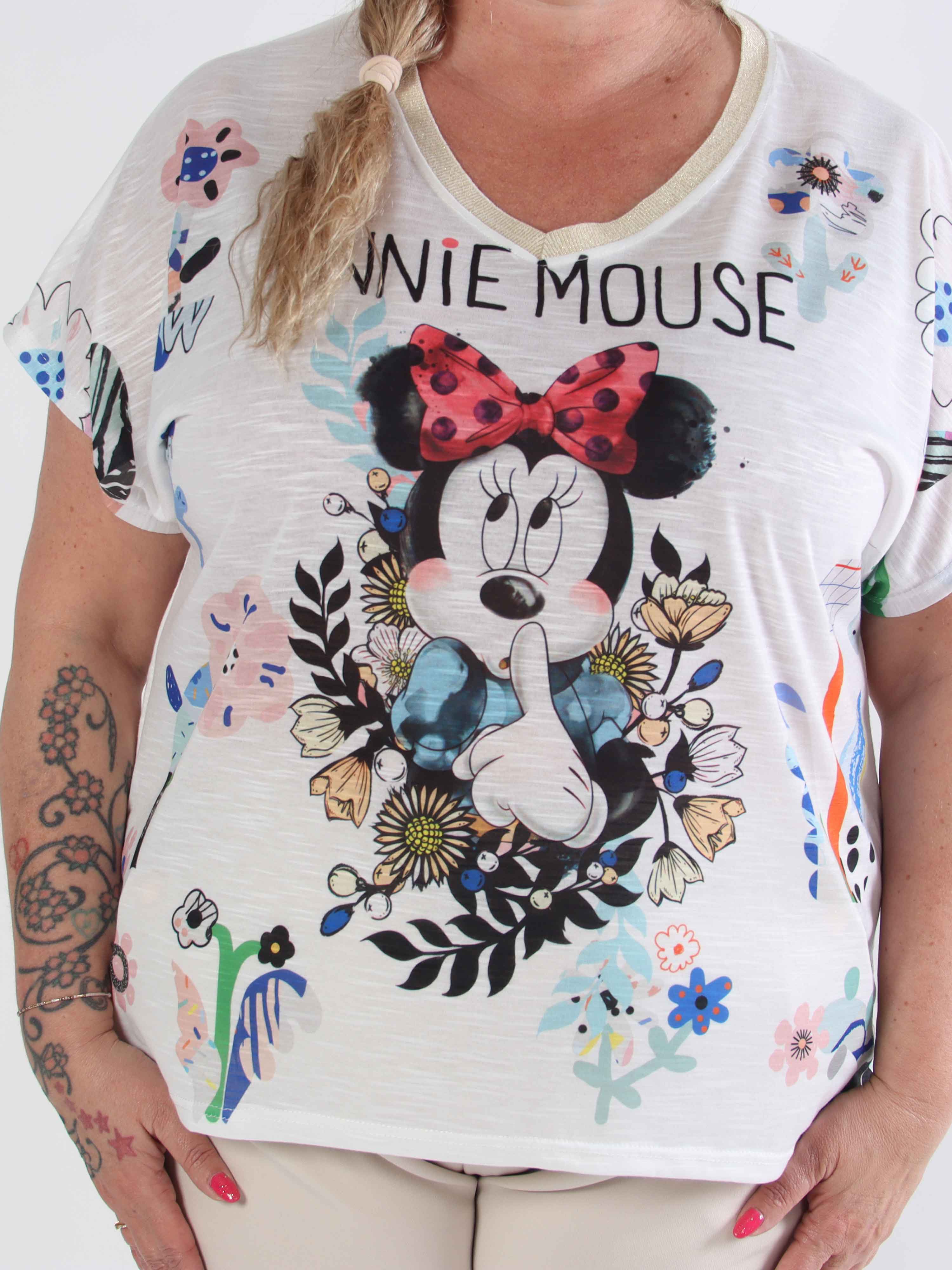 Merle - Hvid plus size t-shirt med motiver og v-udskæring